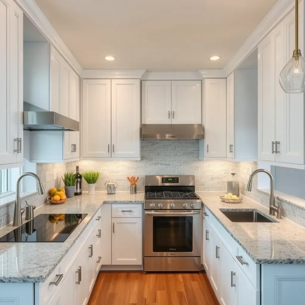 Modern Pasadena, MD kitchen with marble countertops, white shaker cabinets, stainless appliances, hardwood floors, and bay views.