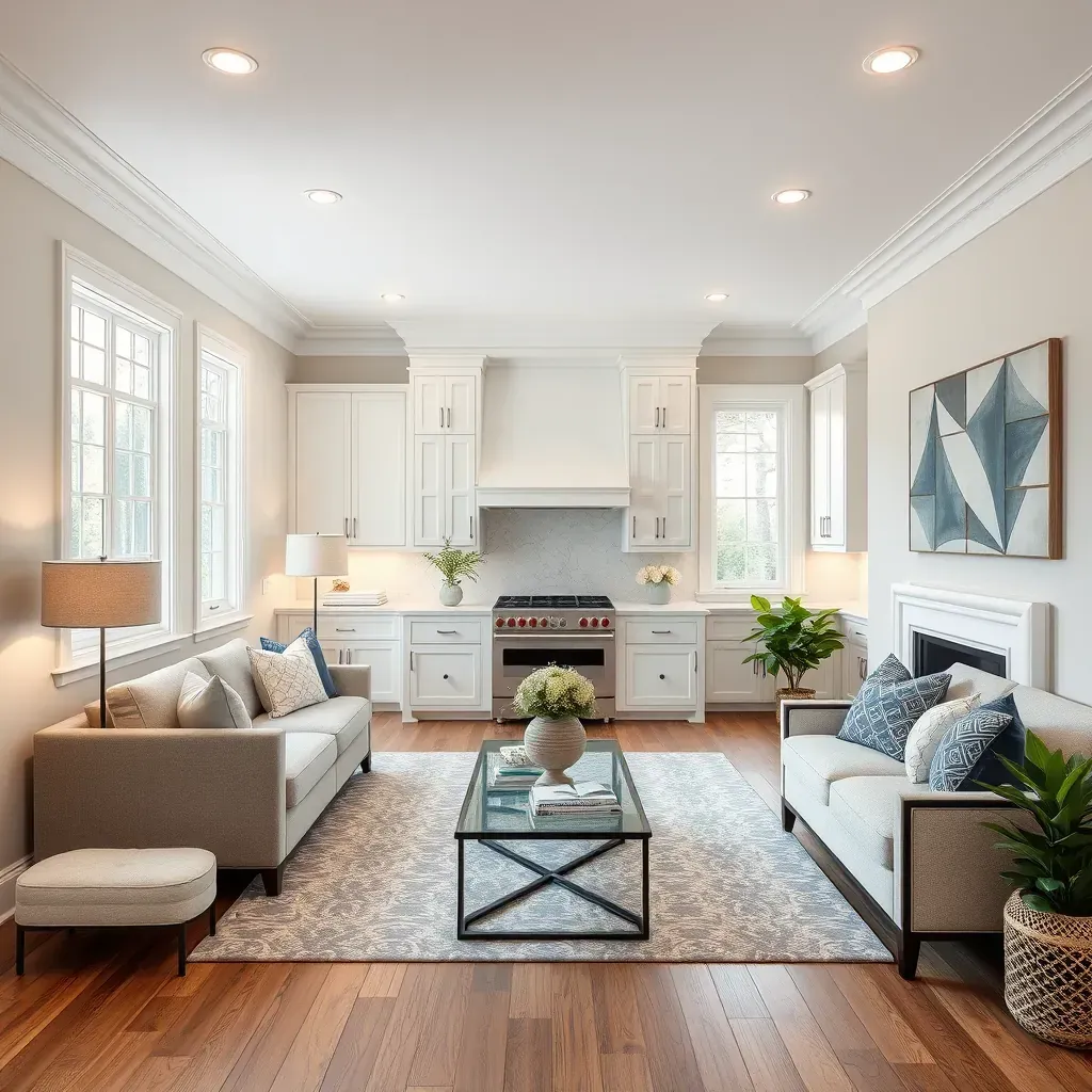 Beautiful renovated Bethesda living room with neutral walls, hardwood floors, large windows, and modern kitchen.