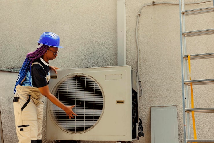 Technician servicing a rooftop air conditioning unit on a commercial building in Montana