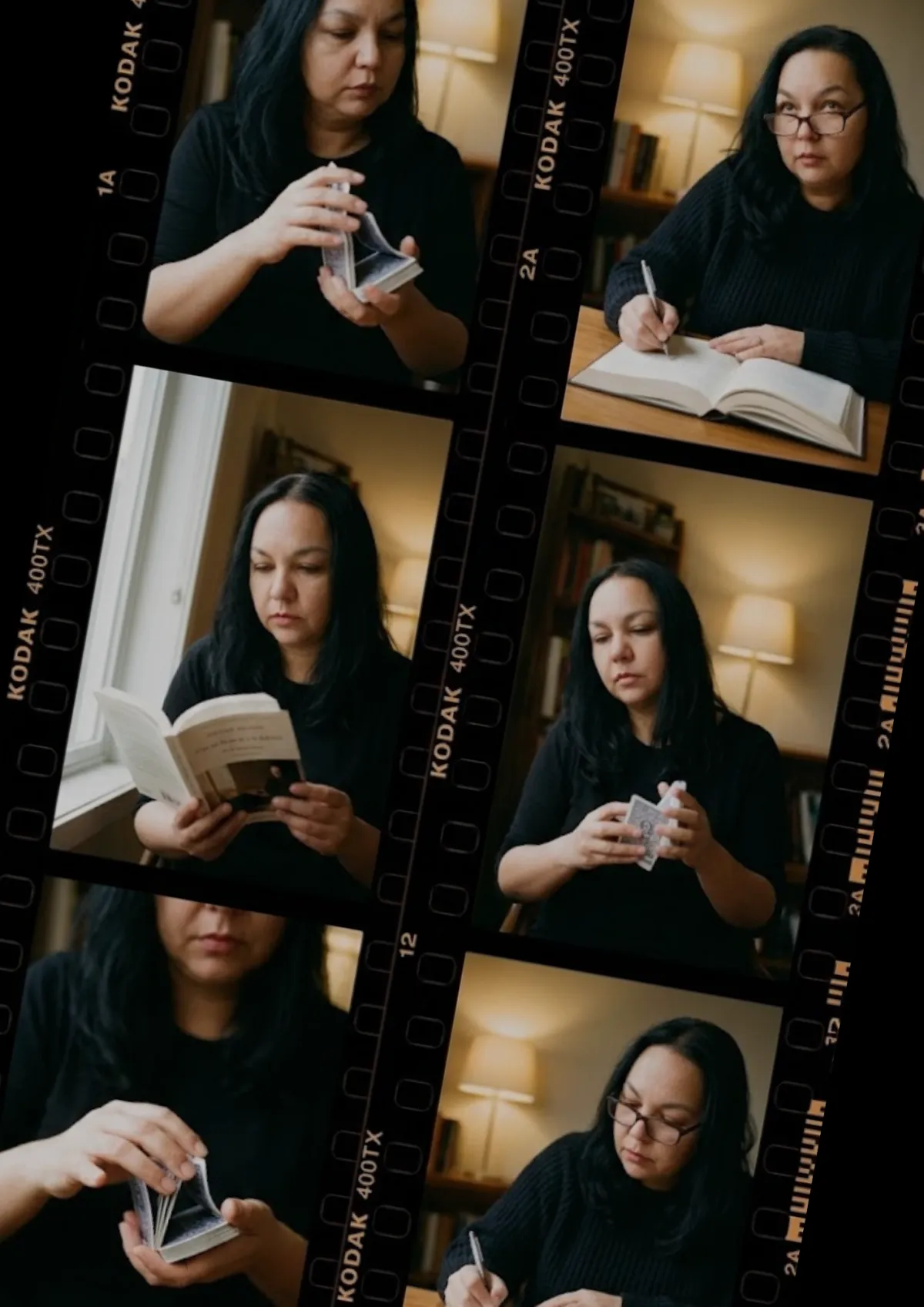 Tall strip of contact sheet frames in black and white with blue annotations