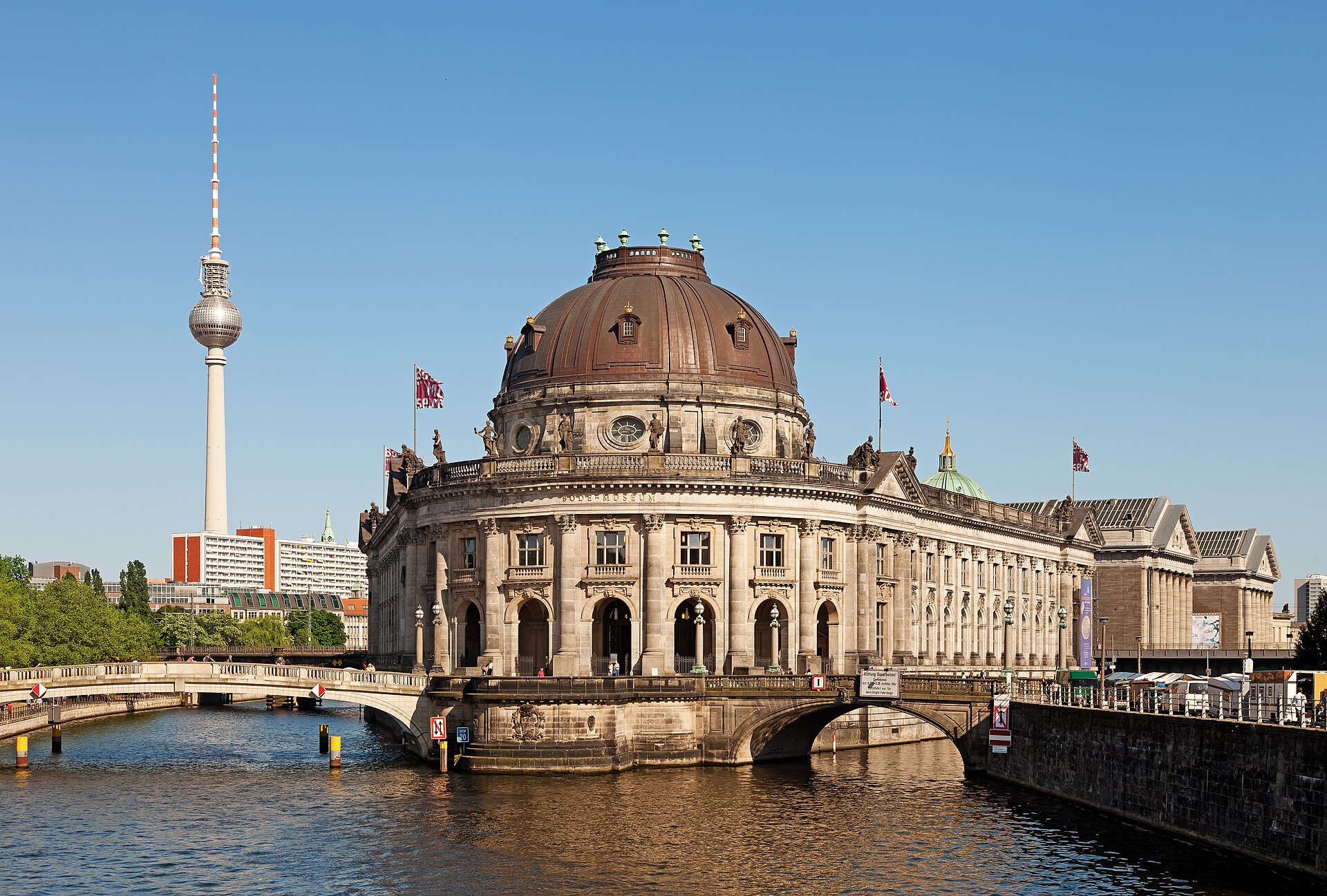 Bode Museum on Berlin’s Museum Island beside the River Spree with the Fernsehturm in the background.