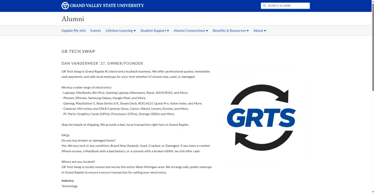 Featured on the GVSU Alumni-Owned Business Page – Showcasing the success of GR Tech Swap ran by Grand Valley Students Dan VanderMeer and Asher Kuhn