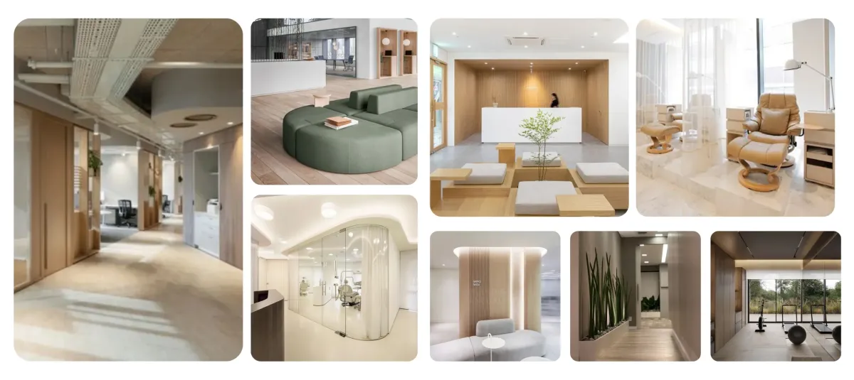 A collage showcasing various interior rooms, featuring elements such as mirrors on walls, stylish vases, cozy couches, and elegant furniture arrangements across different floor designs.