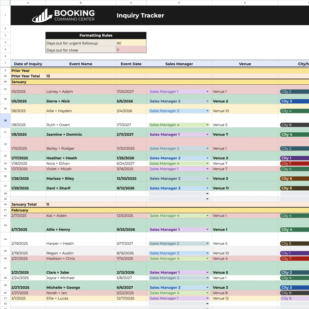A modern laptop displaying a clean, color-coded Google Sheets dashboard with organized columns for leads, bookings, and payments. The workspace is tidy, with a plant and a cup of tea nearby. The lighting is bright and the style is minimalistic, conveying clarity and control.