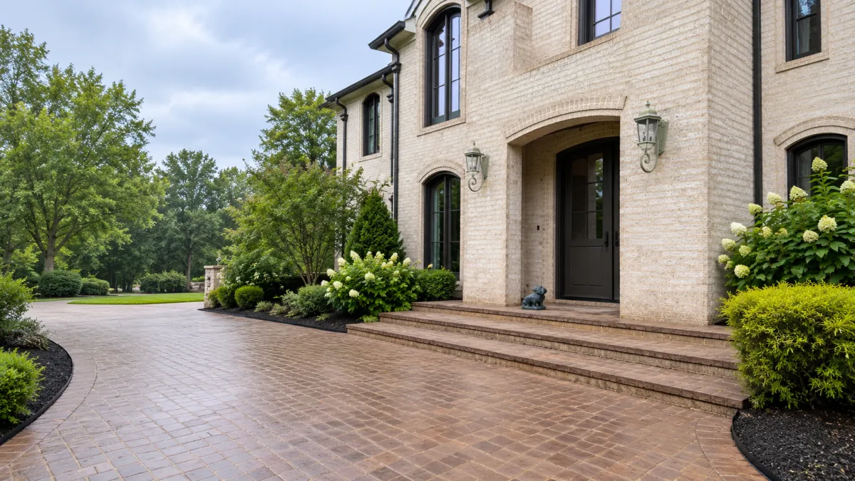 Clean brick home exterior and driveway showcasing professional roof cleaning services in New Albany.