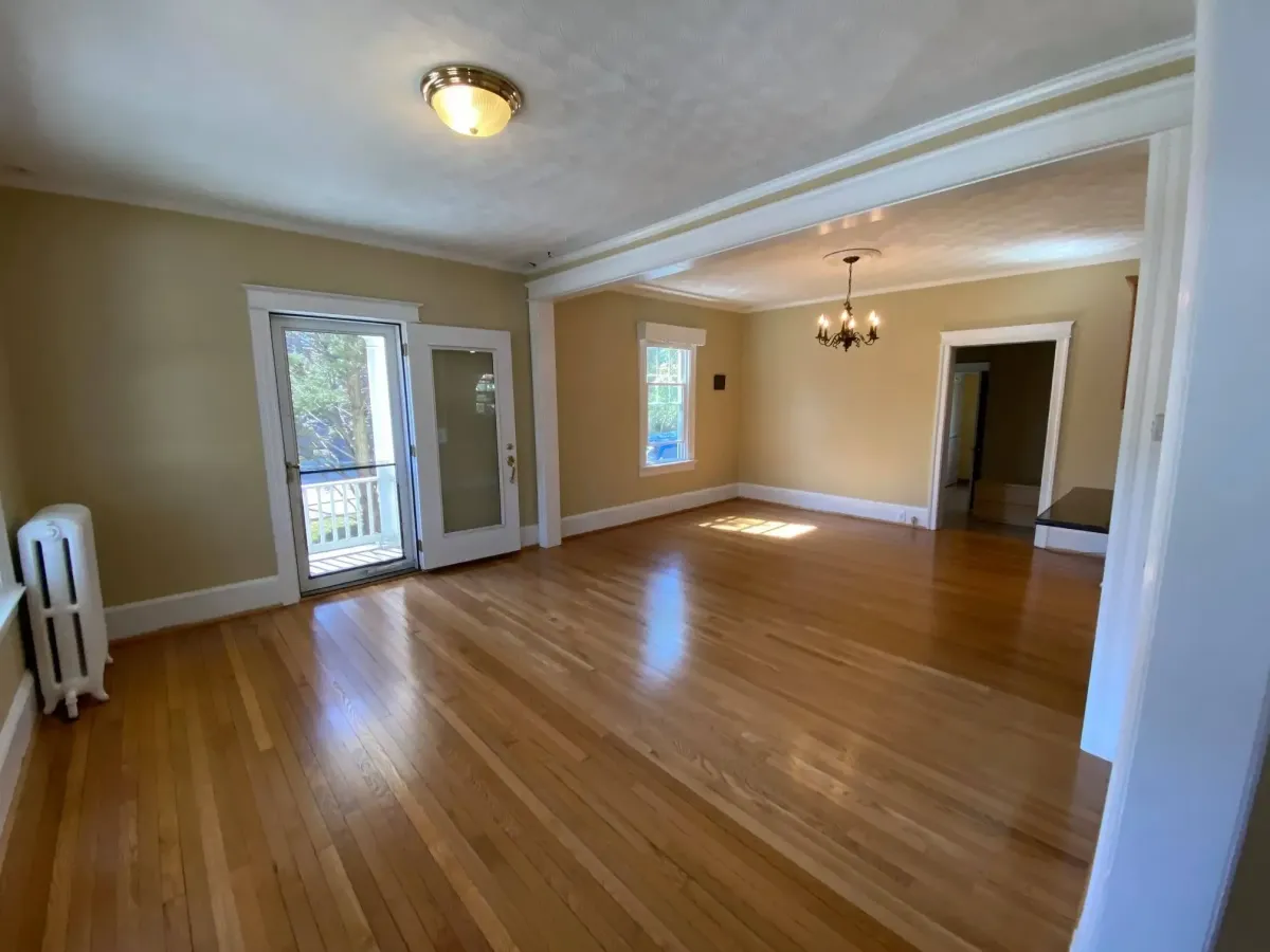 Arlington Virginia oak hardwood floor patching and refinishing after fireplace hearth removal on main level