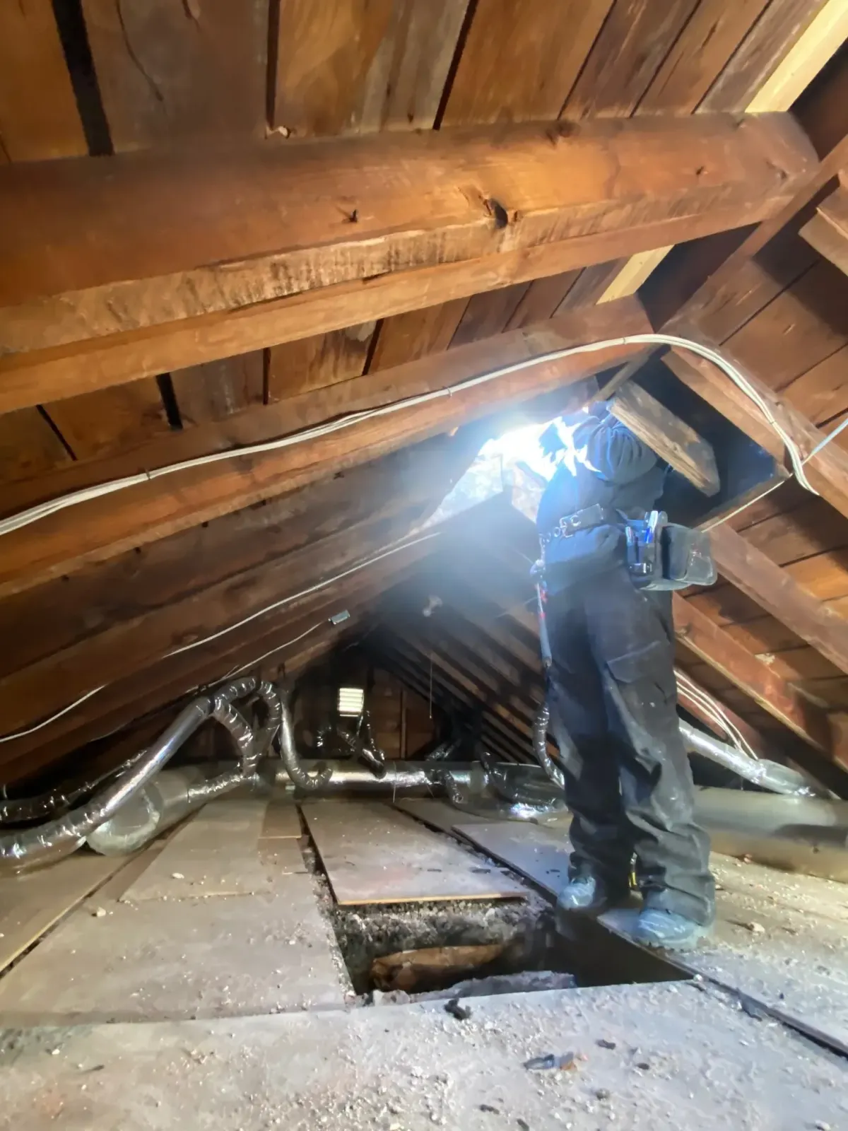 Arlington Virginia fireplace and hearth removal after chimney taken below roof line and roof patched by roofer