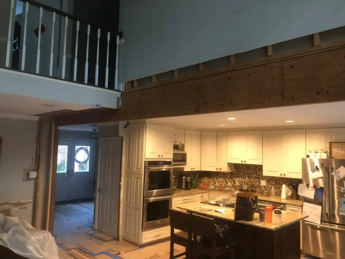 Fairfax Virginia multi-ply LVL beam and footer enlargement design for 22 foot span between kitchen and family room