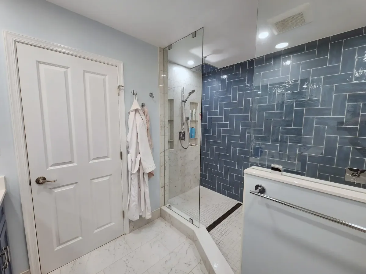 Falls Church Virginia dual sink vanity installation in primary bathroom remodel maximizing space in small 1970s townhouse