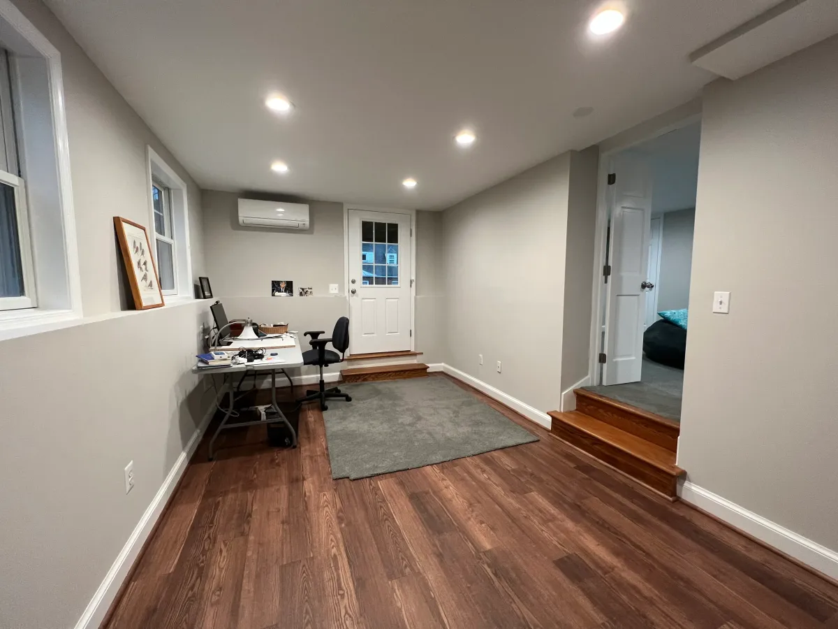 Arlington Virginia basement office new insulation and split system HVAC installation in 1930s home remodel"