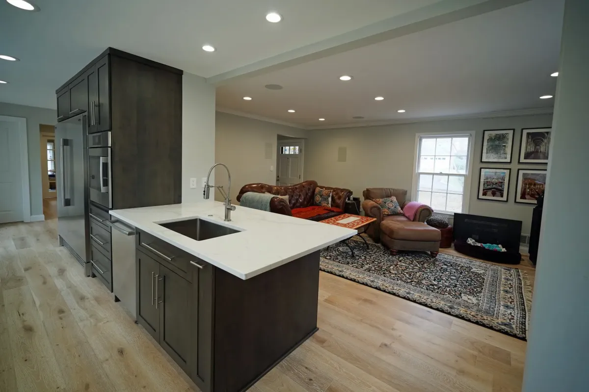 Oakton Virginia open concept kitchen and living room taking shape after load bearing wall removal and main level renovation