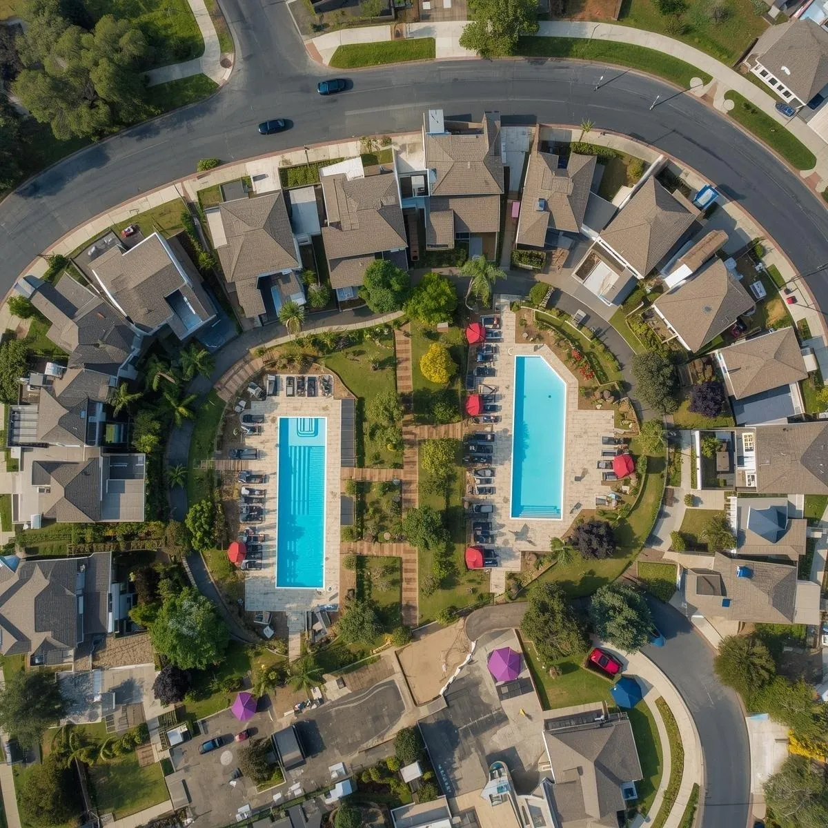 arial view of neighborhood with houses and pools