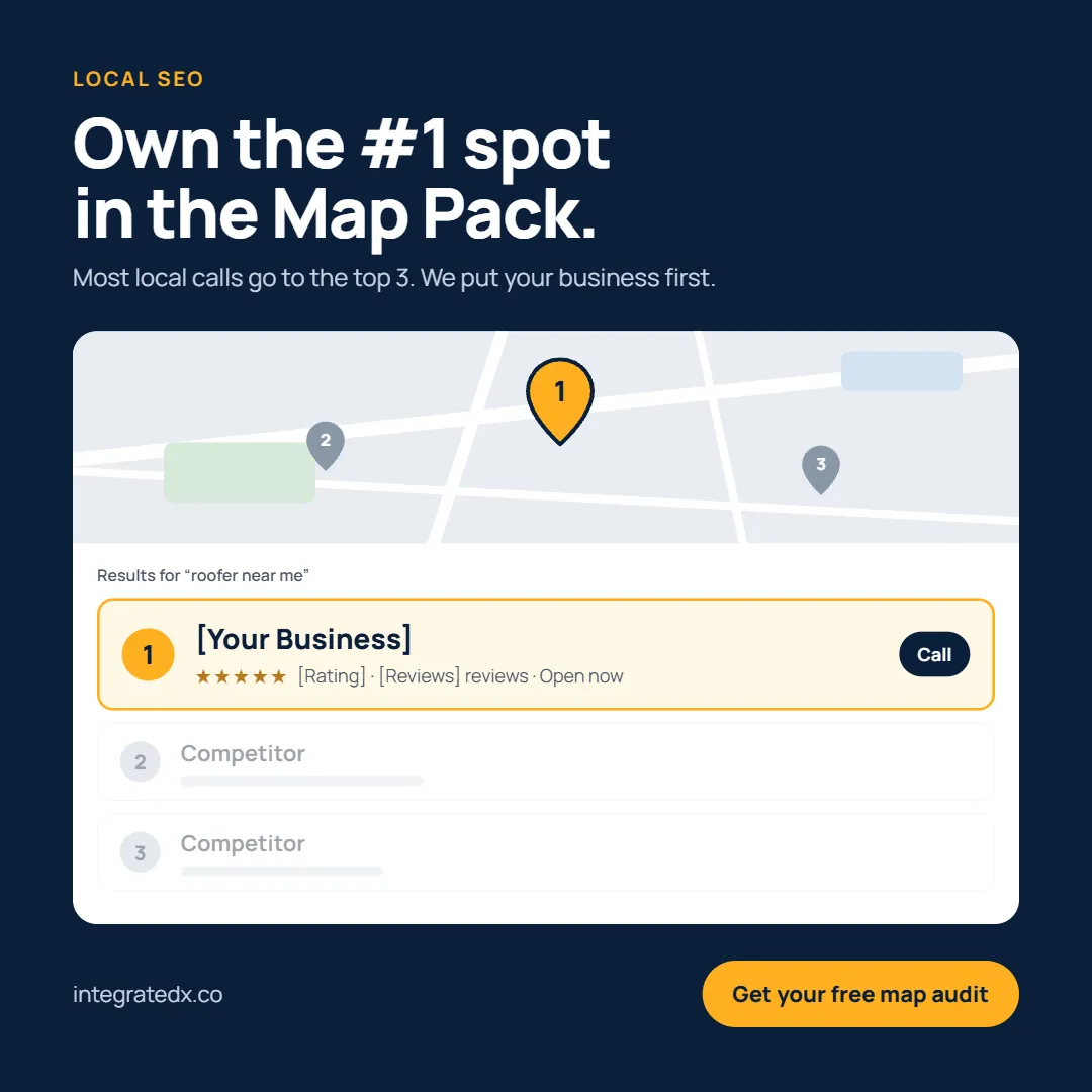 Small dark card showing a stylized geographic grid map with pins to demonstrate SEO ranking outcomes, accompanied by stats tags