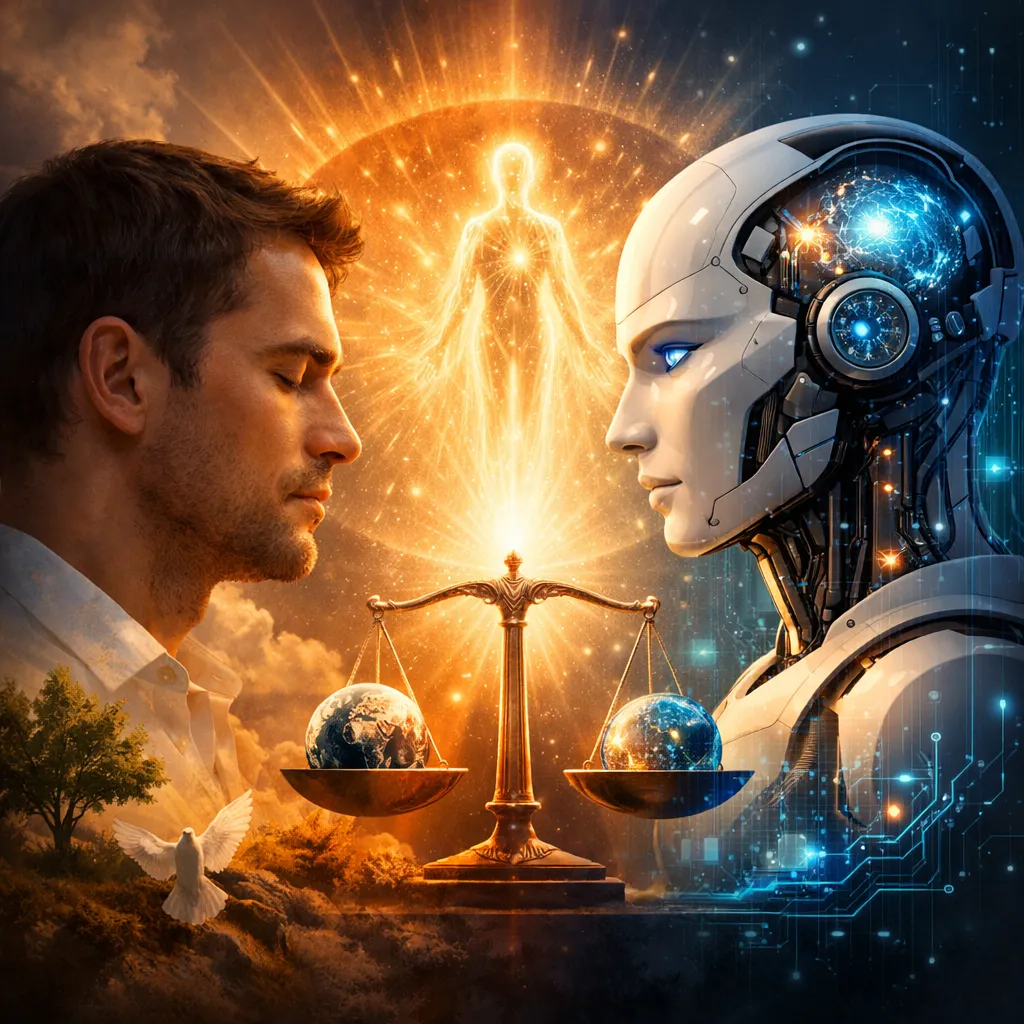 A human and AI robot stare at each other over weighing scales