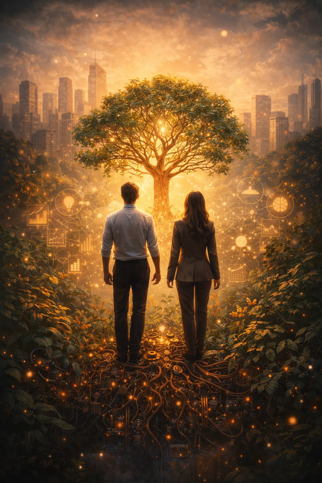 a man and a woman stroll through an enchanted automated landscape