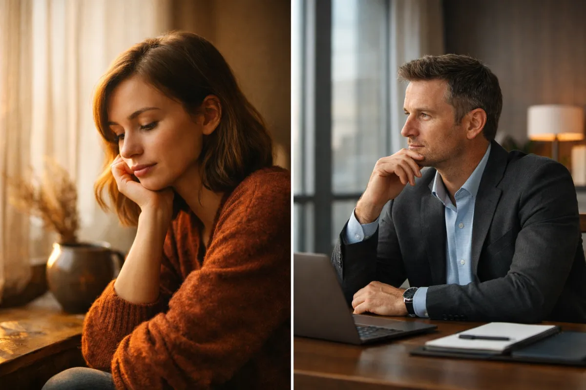 Split-screen image of a reflective woman in warm natural light and thoughtful businessman in a modern office, representing the brilliant but limited mind inner imbalance and the search for balance.