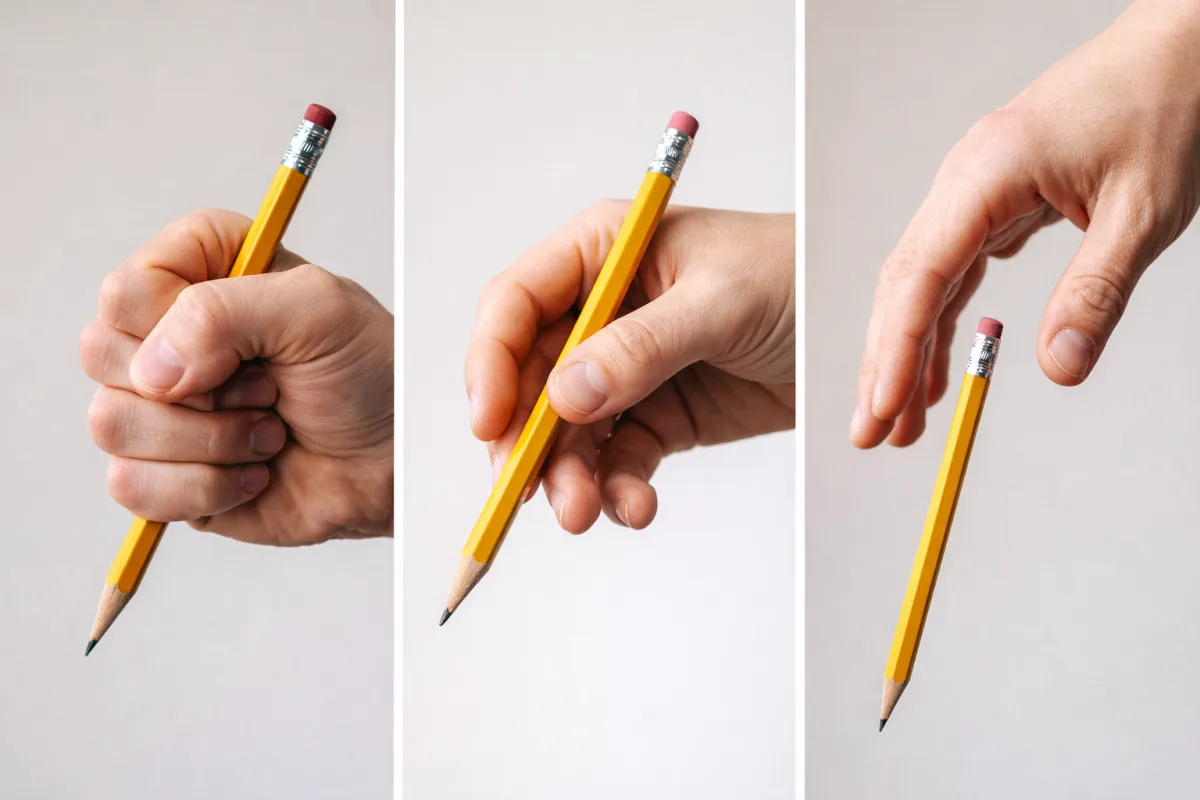 hand holding a yellow pencil in various ways to indicate over-tight grip, lose perfect grip and over-loose grip all to illustrate gravity 