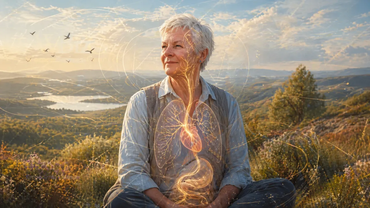 A mature woman sits in a wide natural landscape, quietly practising whole-body listening. Subtle golden lines suggest the vagus nerve connecting the brainstem, throat, heart, lungs and digestive system, while soft sensing waves expand across the surrounding hills, sky, birds and earth, symbolising embodied awareness across a wide radius.