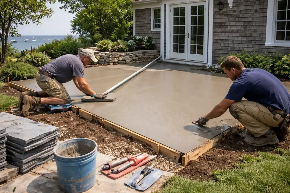 Professional concrete patio installation and finishing at a coastal Marblehead, MA home by Nash & Brown Masonry.