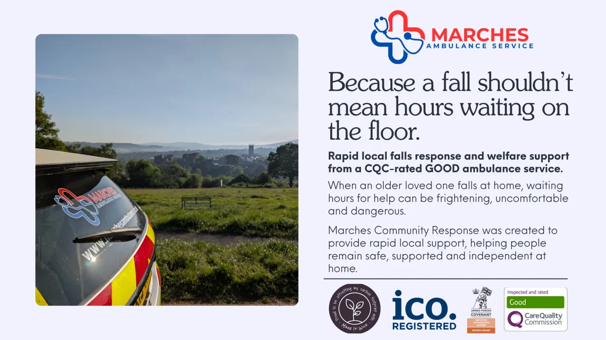 alt="Marches Ambulance Service responder assisting older person at home in Herefordshire"