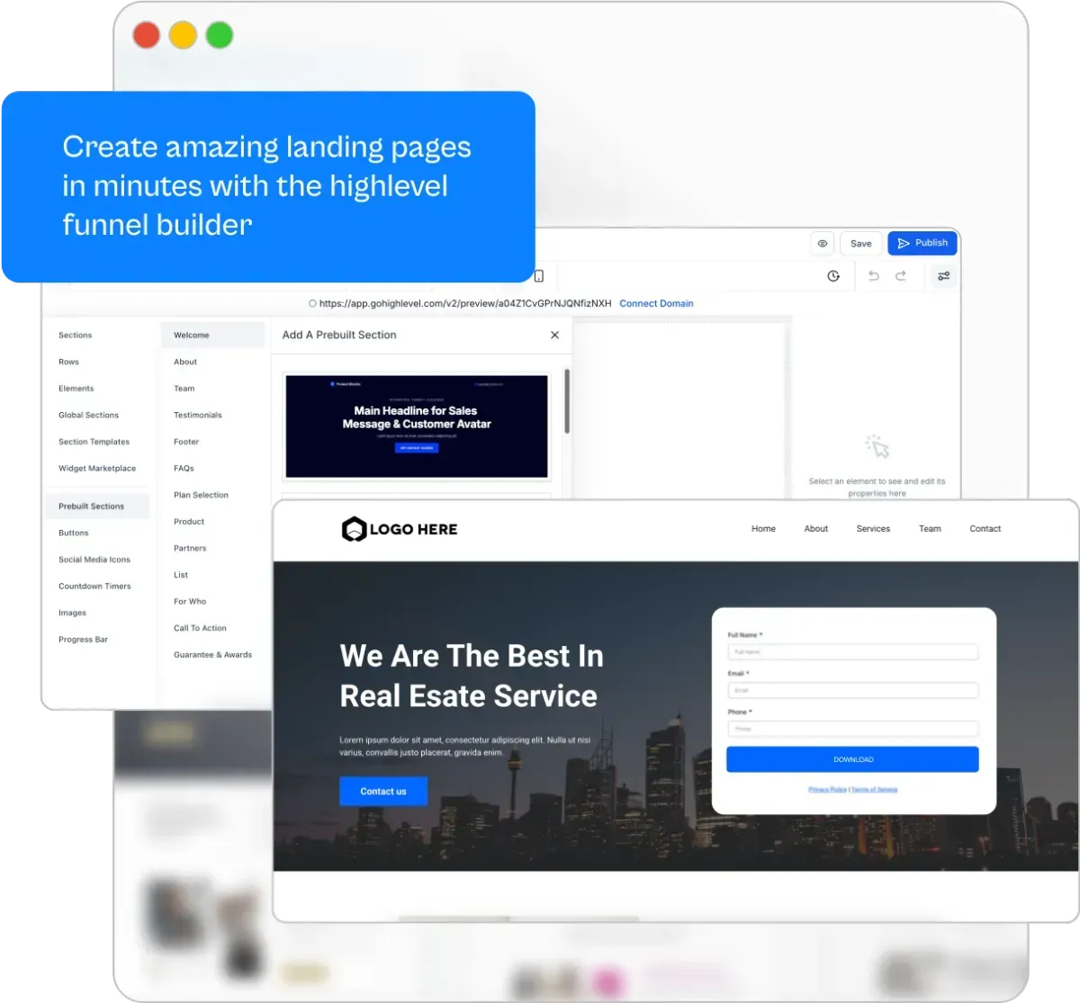 Drag-and-drop funnel builder inside Growth Partners Marketing CRM for landing page creation