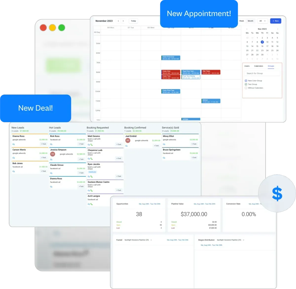 CRM dashboard interface showing new deals, appointments, and sales pipeline overview