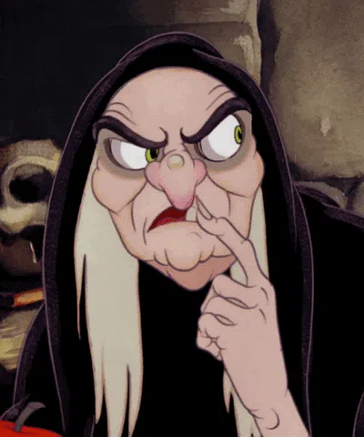 cartoon image of witch or old hag from Snow White and the Seven Dwarves, making a thinking face
