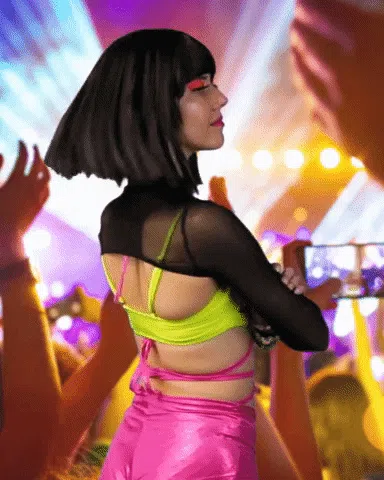 A woman dressed for a rave turns around and looks at the camera, making a judgemental looking face