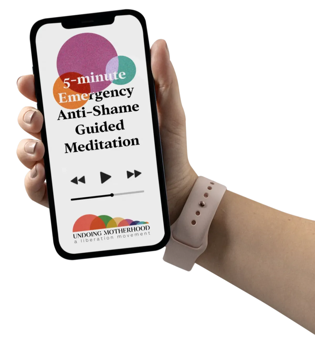 a hand holding an iPhone that shows a play button and above the button reads "5-minute emergency anti-shame guided meditation"