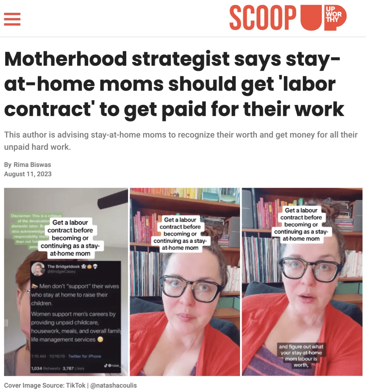screenshot of Upworthy Scoop talking about my TikTok about getting a labour contract for work as a mom