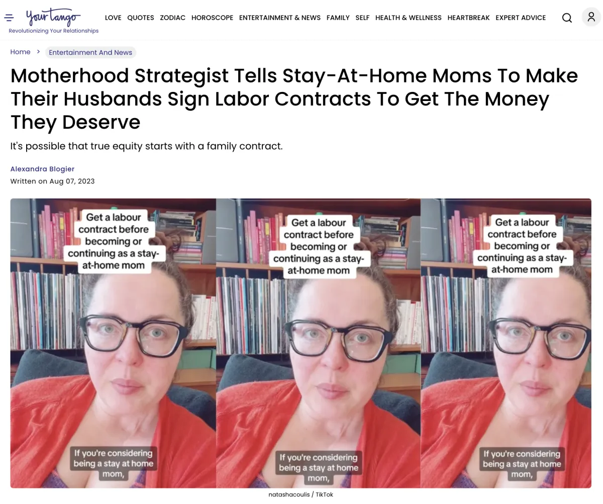 screenshot of my TikTok video about getting labour contracts as stay-at-home moms, on YourTango
