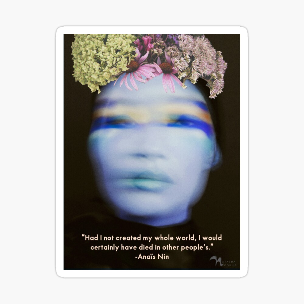 hold on a little longer. what survives a black hole is indestructible.  woman with blank expression wearing a big dress that looks like a black hole in the centre of her. She has Barbie hands and feet in black high heel shoes. She is set against the background of a blue sky with clouds.