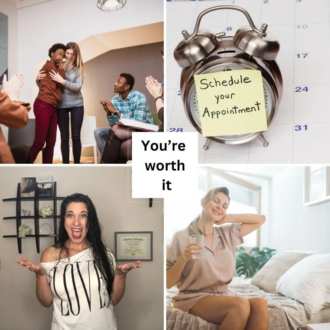 "Collage of inspiring moments: embracing people, calendar, and a woman enjoying self-care with 'You’re worth it.'"