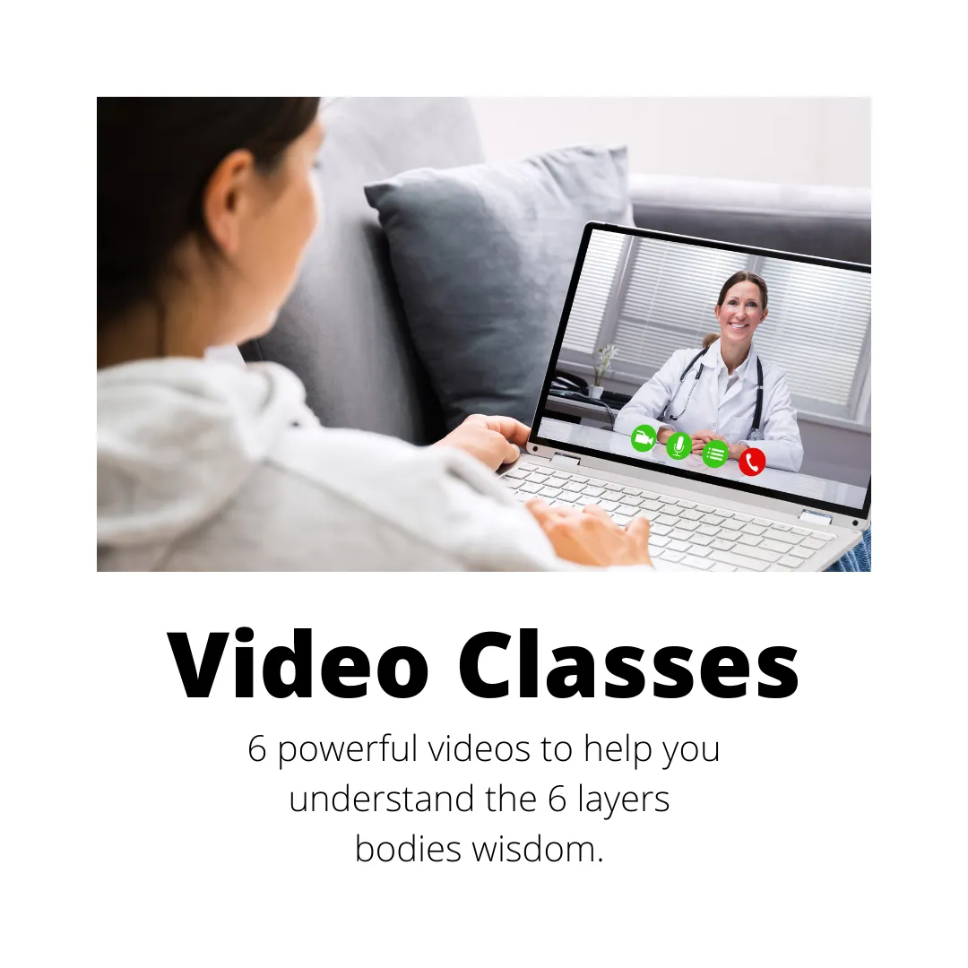 "Person watching a video class on their laptop, with a doctor explaining the '6 layers bodies wisdom.'"