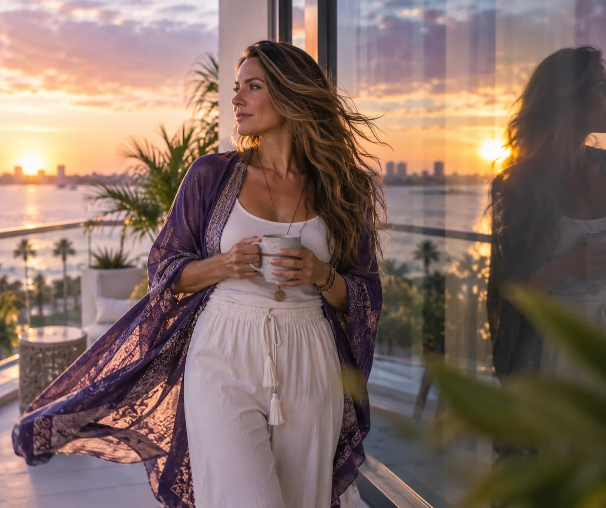 Editorial portrait of a woman attuned to the atmospheric energy, architecture, and luminous reflections around her