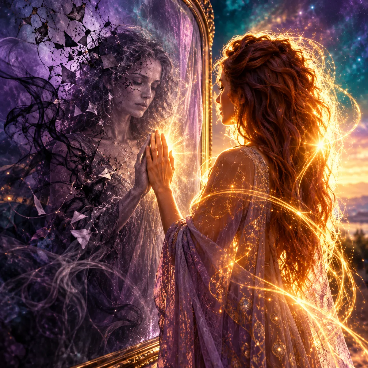 Woman meeting her radiant past self, representing the Soul beyond old programming