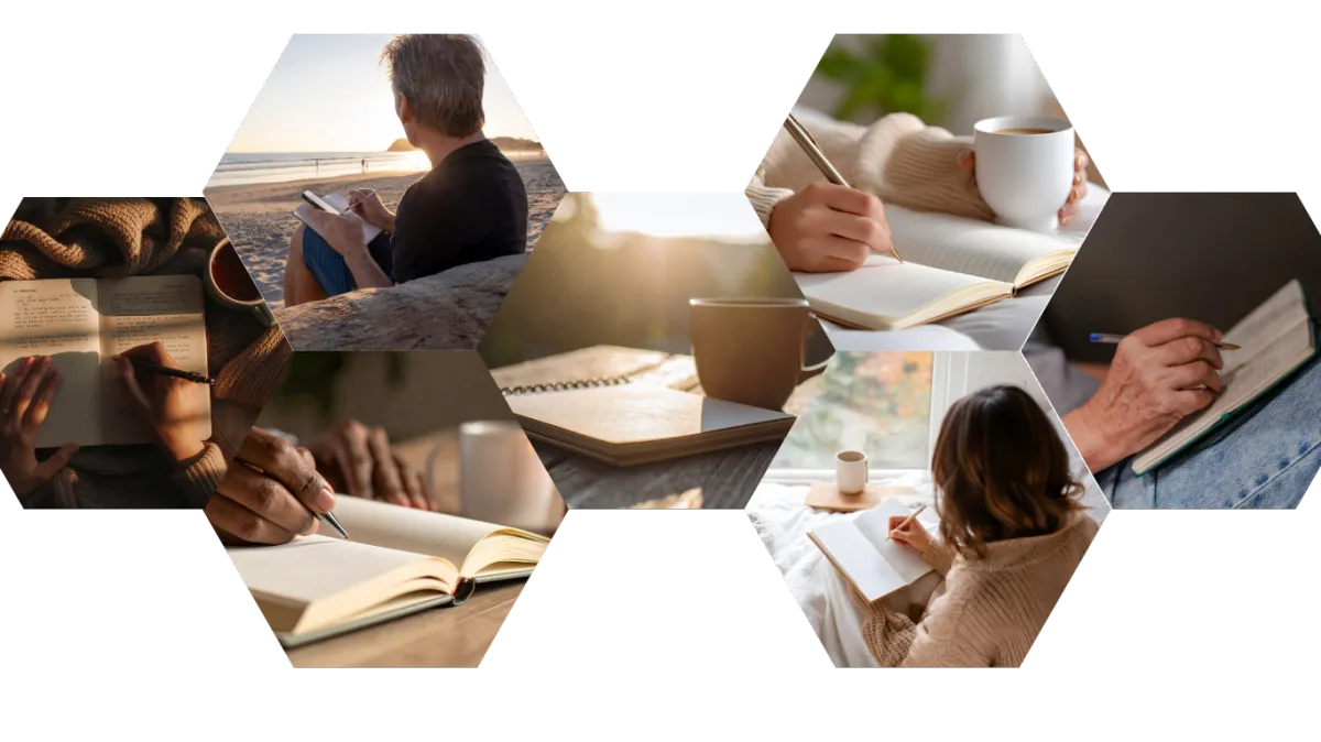 A diverse group of adults, seated in a sunlit modern living room, each holding a journal and pen, engaged in thoughtful reflection. The background features soft, neutral tones with a large window and leafy plants, conveying warmth, openness, and a sense of community. The image is bright, inviting, and contemporary.