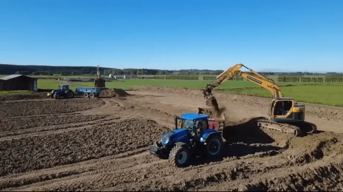Excavation work by Dean Moore Excavation, showcasing a farm site preparation project in Southland