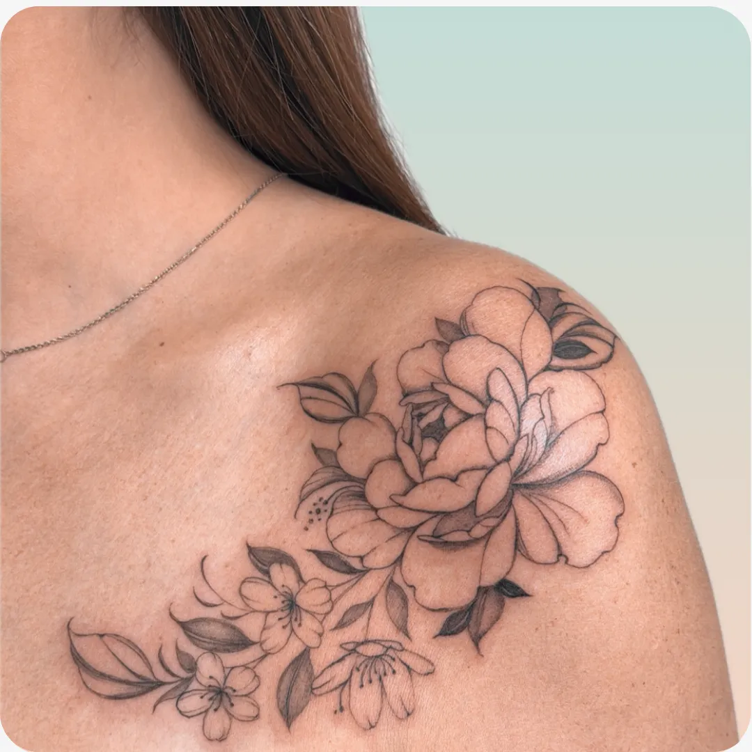 Peony Tattoo with Cherry Blossom Flower Floral Work Cherry Blossom Flowers, Floral Work by LAS VEGAS TATTOO ARTIST INK WITH JOANNA