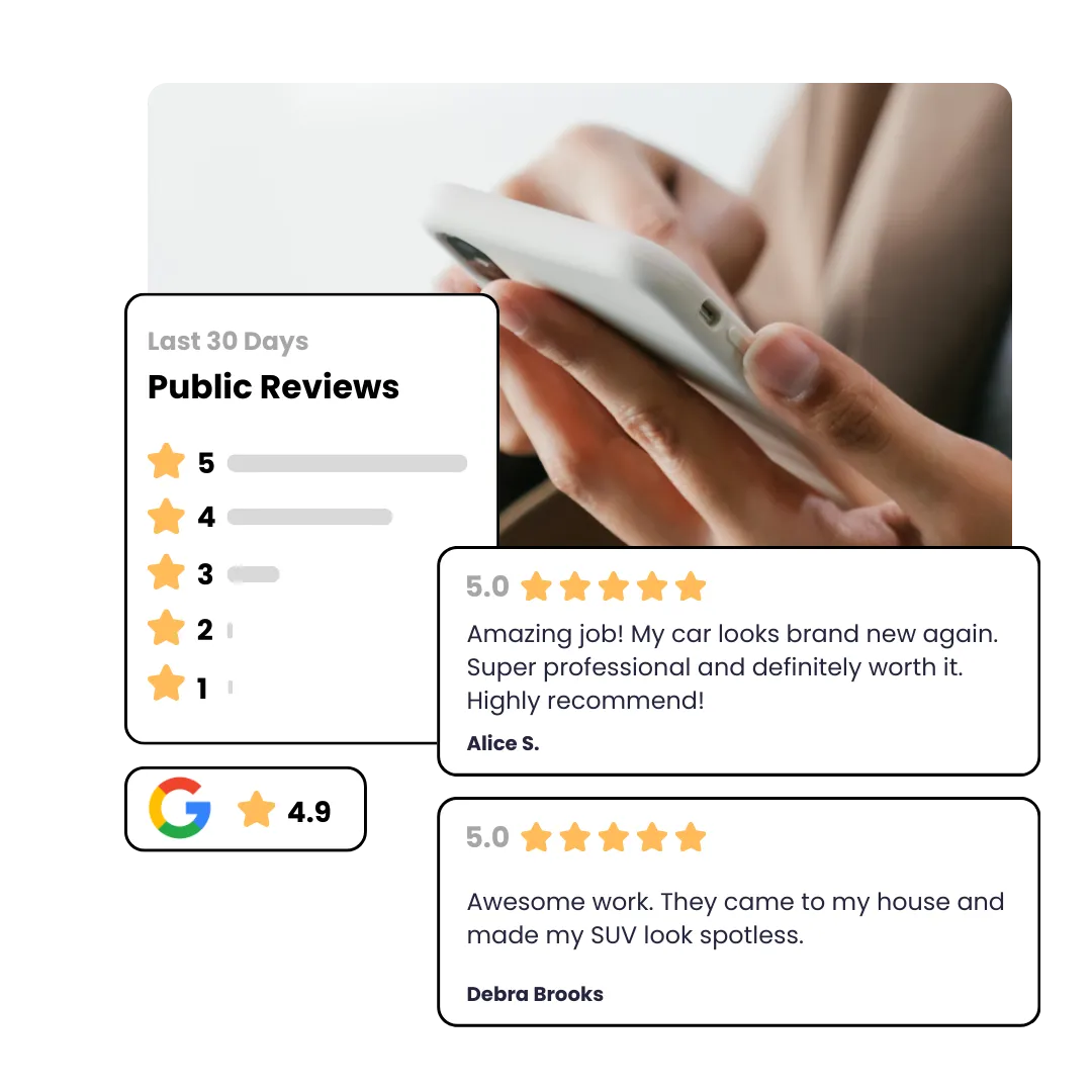 Automated 5-star Google review system showing public customer reviews and star ratings on mobile
