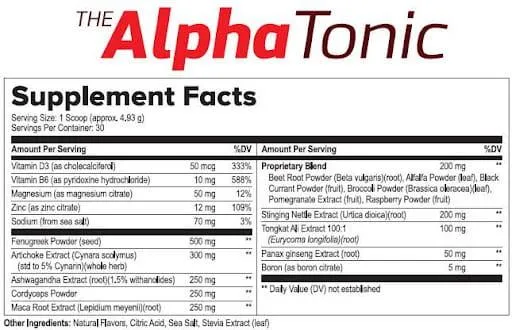 alpha tonic ingredients label