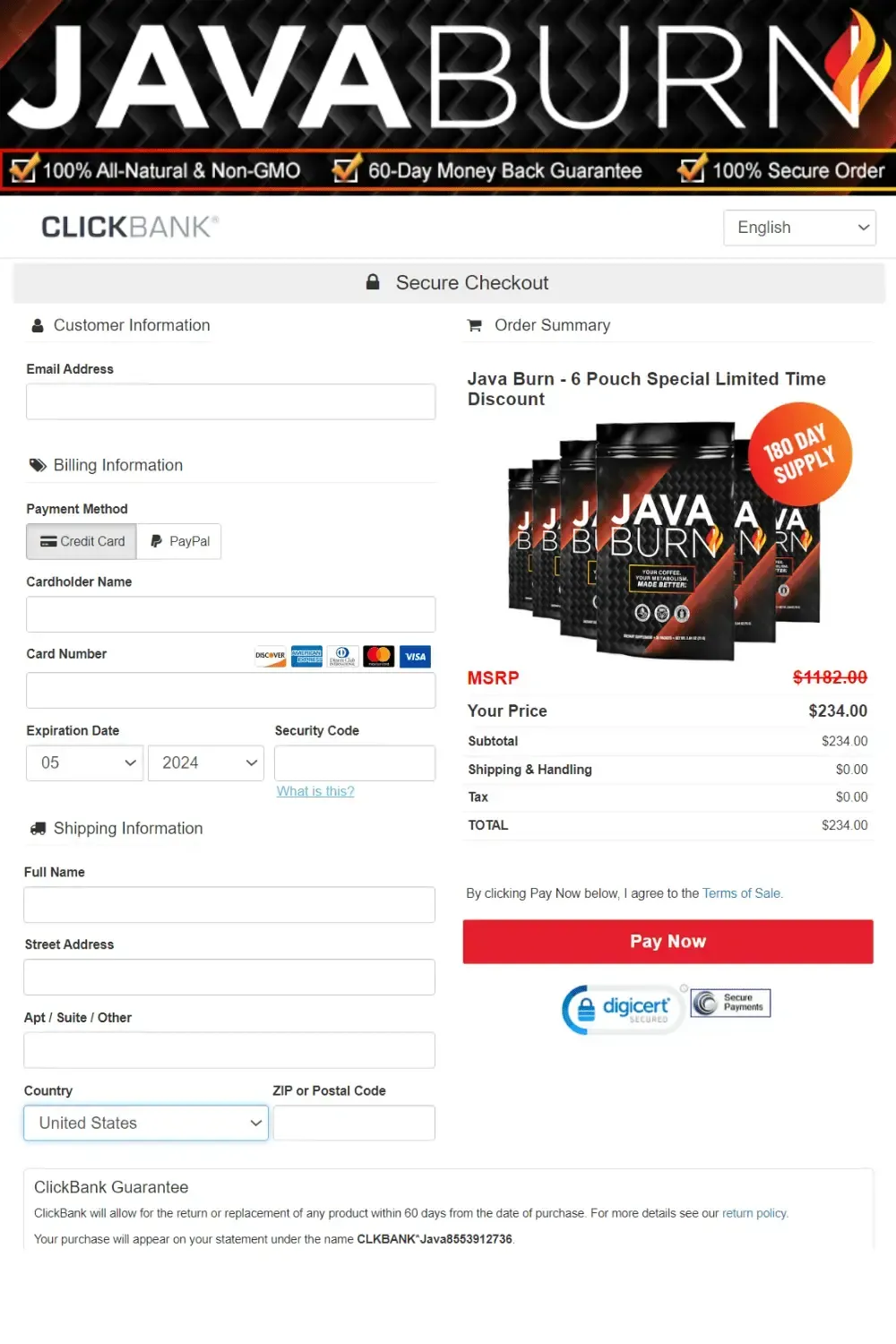 java burn order form