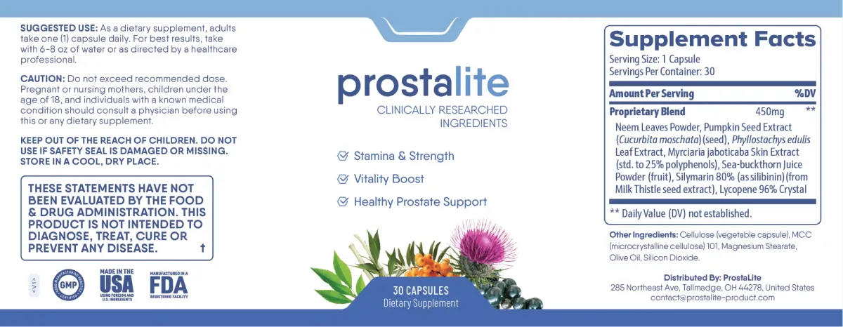 Prostalite ingredients label