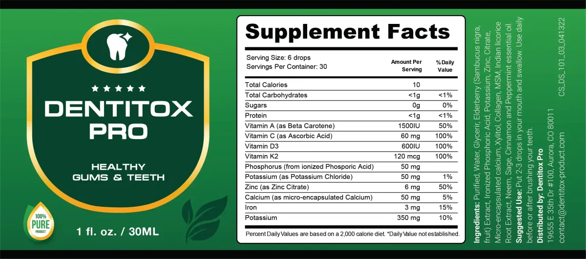 Dentitox Pro ingredients label