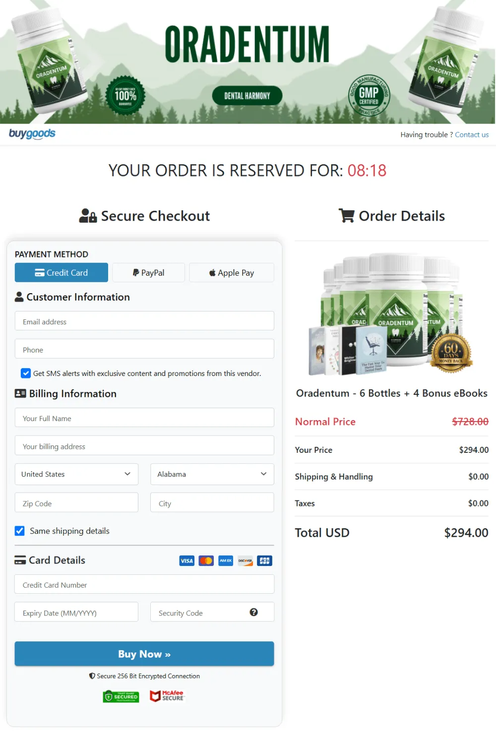 oradentum order form page