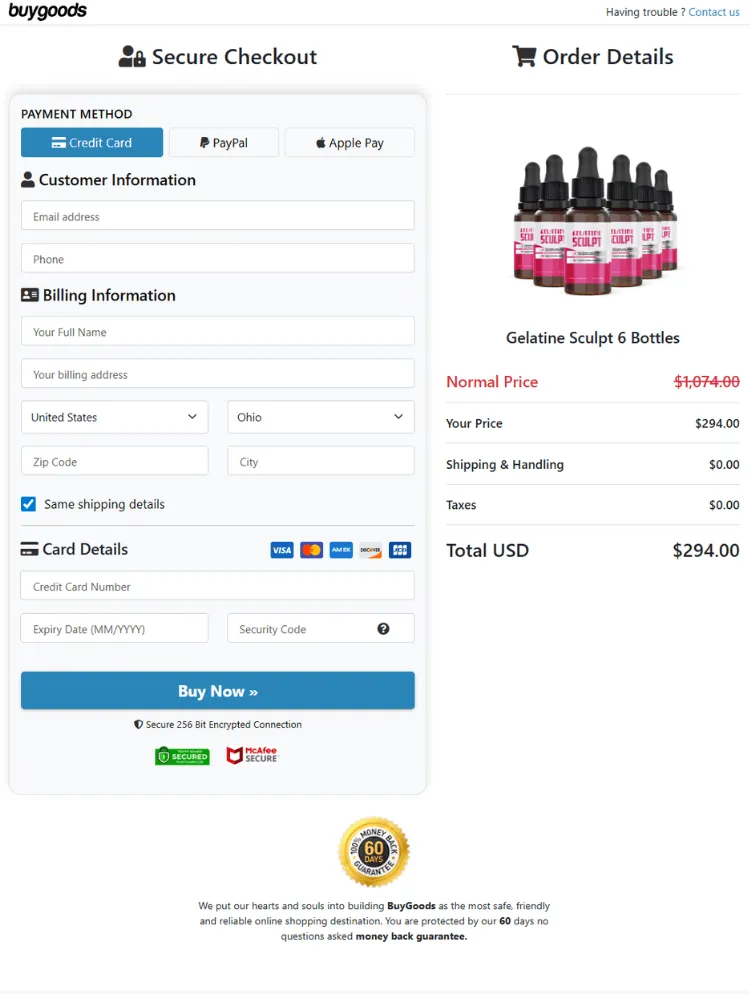 Gelatine Sculpt order form page