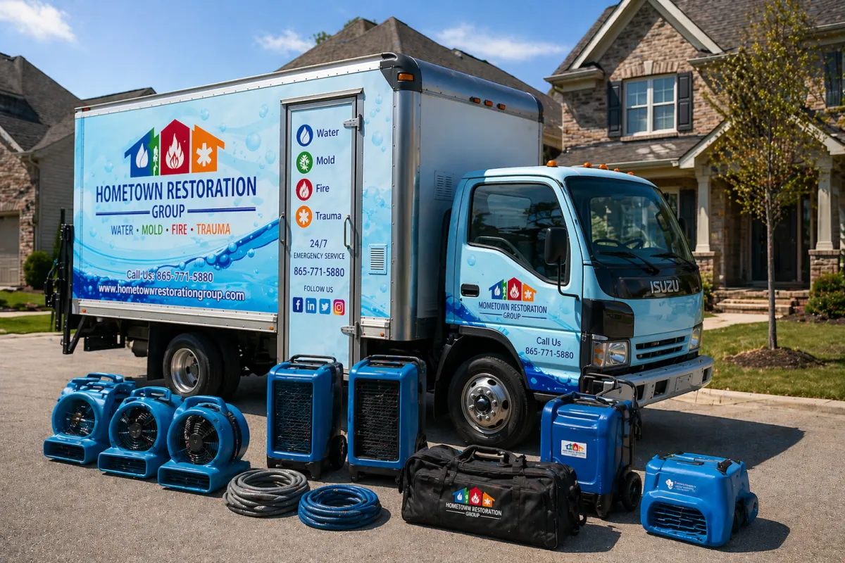 hometown restoration group truck and equipment ready for a knoxville job