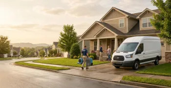 hometown restoration group service van arriving at a knoxville residential property at twilight