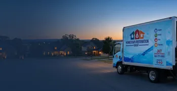 professional restoration service van at a knoxville home with crew unloading equipment