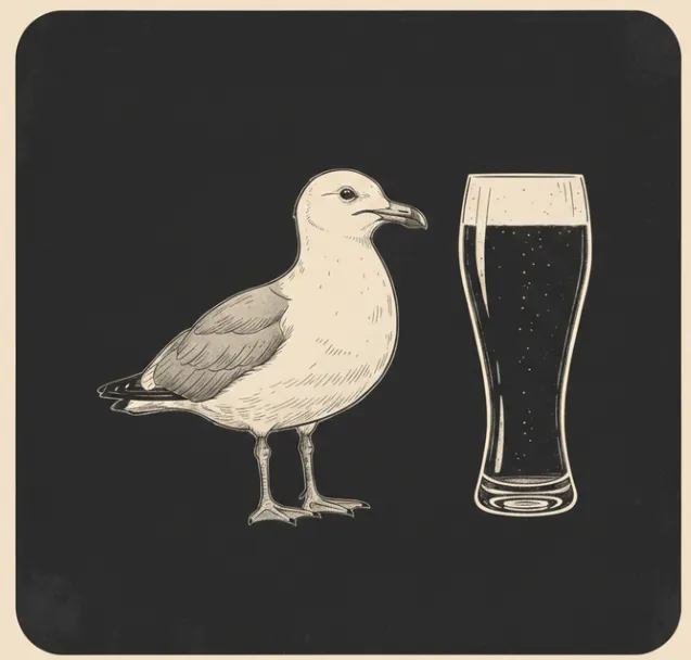 Illustratie van een meeuw naast een bierglas symbool voor Café De Zeemeeuw in Bredene